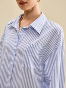 Muvela 2025 秋季新款休闲时尚百搭简约日常蓝色条纹 Y2K 乡村音乐复古街头休闲办公室约会派对郊游机场返校秋季女衬衫 - 彩色 - 查看 5
