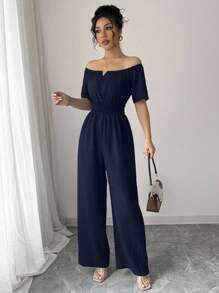 Elenzga 女式夏季新款露肩V领收腰连体裤 - 藏蓝色 - 查看 3