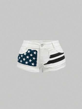 J-Fashion Pantalones cortos vaqueros de talle bajo con estampado de bandera y estrella, estilo Y2K