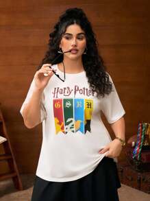HARRY POTTER X SHEIN Camiseta de Manga Curta com Gola Redonda, Estampa de Letra e Animal Colorido, Plus Size