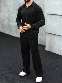 Manfinity Homme 男士长袖单排扣衬衫和裤子套装，成熟街头风格纹理宽松男士黑色两件套男士两件套西装套装男士黑色服装针织两件套男士男士两件套运动服男士两件套西装套装长袖配裤子男士黑色天鹅绒运动服 - 黑色 - 查看 6
