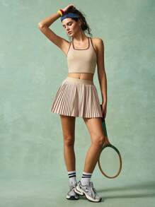 VARSIVA 女士运动背心和百褶迷你裙两件套 女士健身套装 - 卡其色 - 查看 12