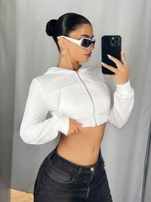Sweetina Women Sexy Crop Hooded Zip-Up Sweatshirt, Spring/Autumn Casual Long Sleeve Hooded Sweatshirt With Pockets