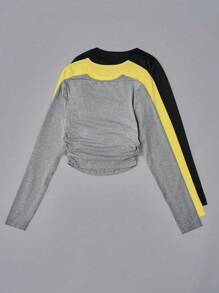 SHEIN LUNE 3件套纯色修身腰褶圆领休闲/工作时尚经典度假T恤