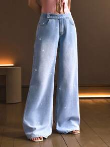 SHEIN Low Waist Silver Foil Detail Light Blue Washed Wide Leg Denim Jeans, Rhinestone Jeans - Light Wash - View 5