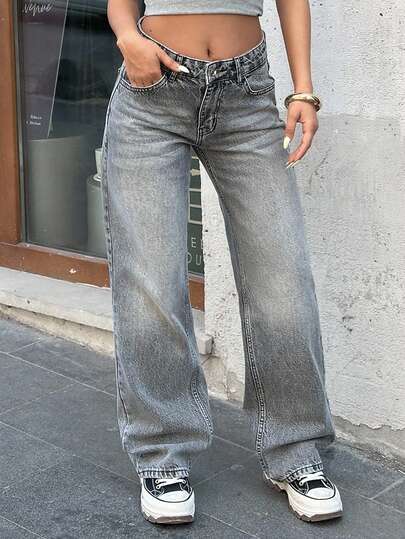 Casual Vintage Washed Low Waist Straight-Leg Jeans Wide Leg Jeans Baggy Jeans Low Rise Jeans Y2k Jeans Womens Jeans