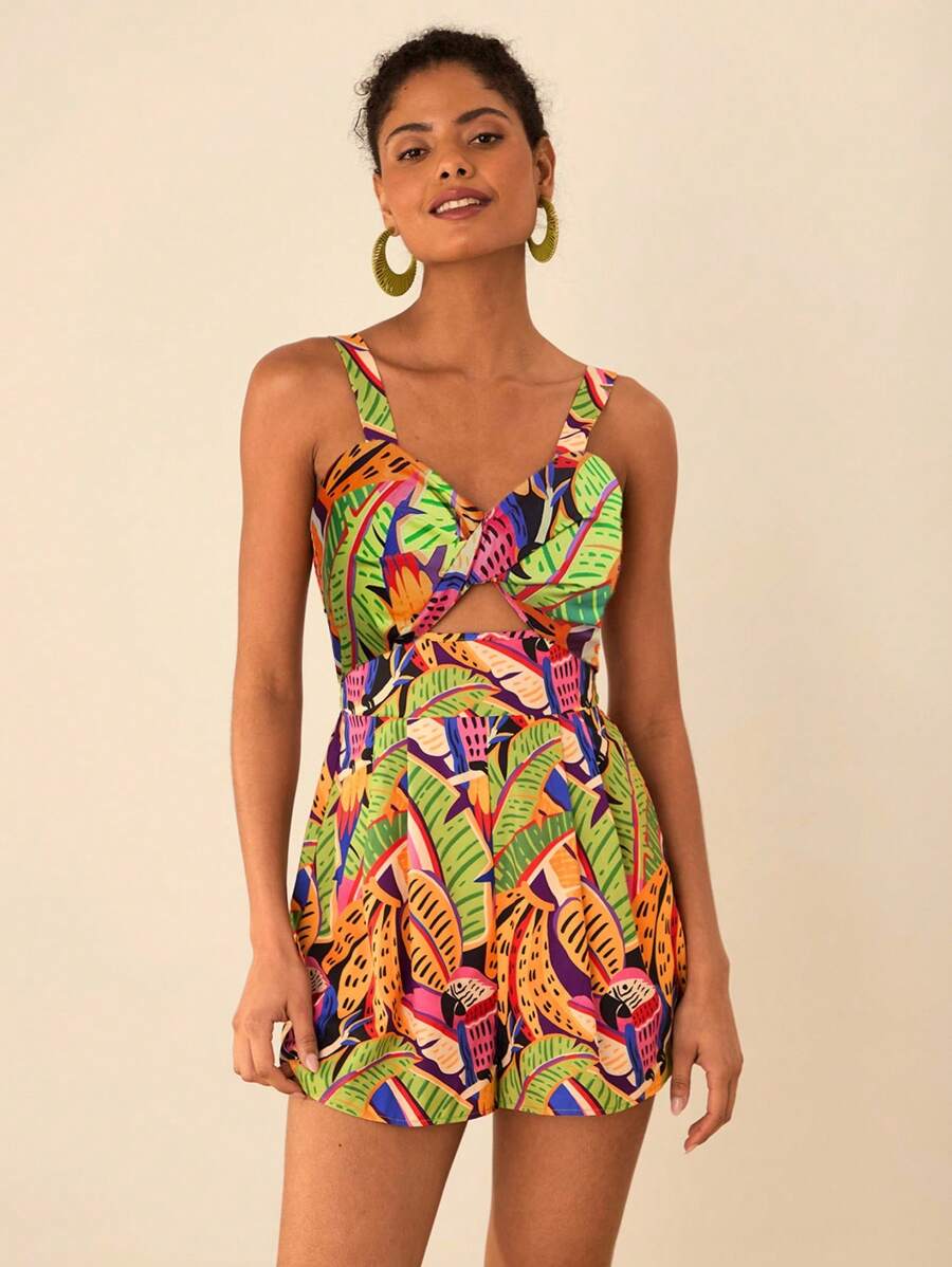 Travachic 女式热带印花宽松连体裤，宽肩带和镂空设计，女士度假装，夏季休闲度假连体裤 - 彩色 - 查看 1