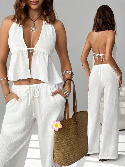 SHEIN EZwear Conjunto de 2 piezas con top halter con lazos y espalda descubierta, y pantalones anchos con cordón - Atuendo para club, vacaciones, playa, festivales y Hawái para mujer