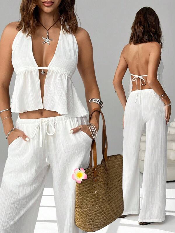 SHEIN EZwear Set di 2 pezzi con top a canotta con collo annodata e schiena scoperta, e pantaloni ampi con coulisse, adatto a club, vacanze, spiaggia, rave, Hawaii per donna