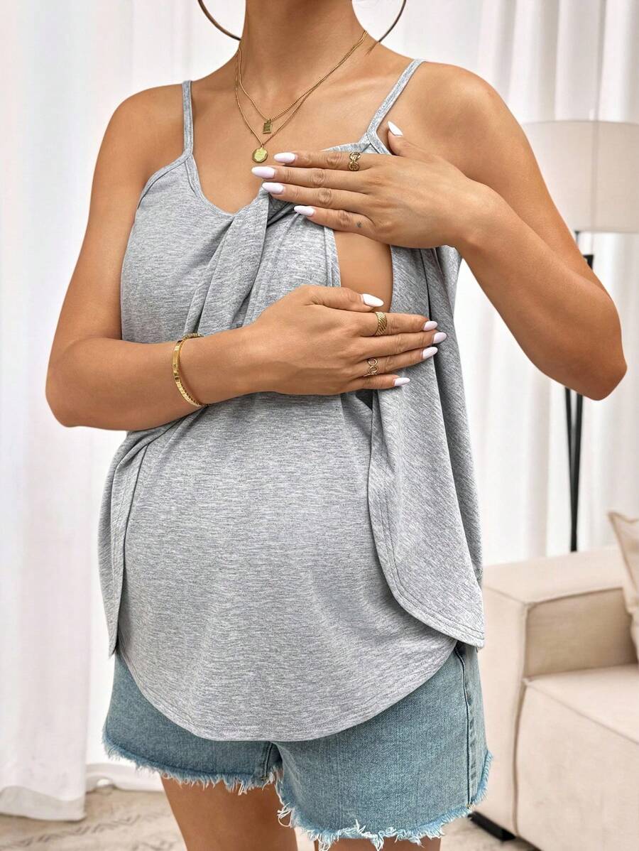 SHEIN 女士纯色孕妇哺乳功能休闲吊带背心 - 灰色 - 查看 1