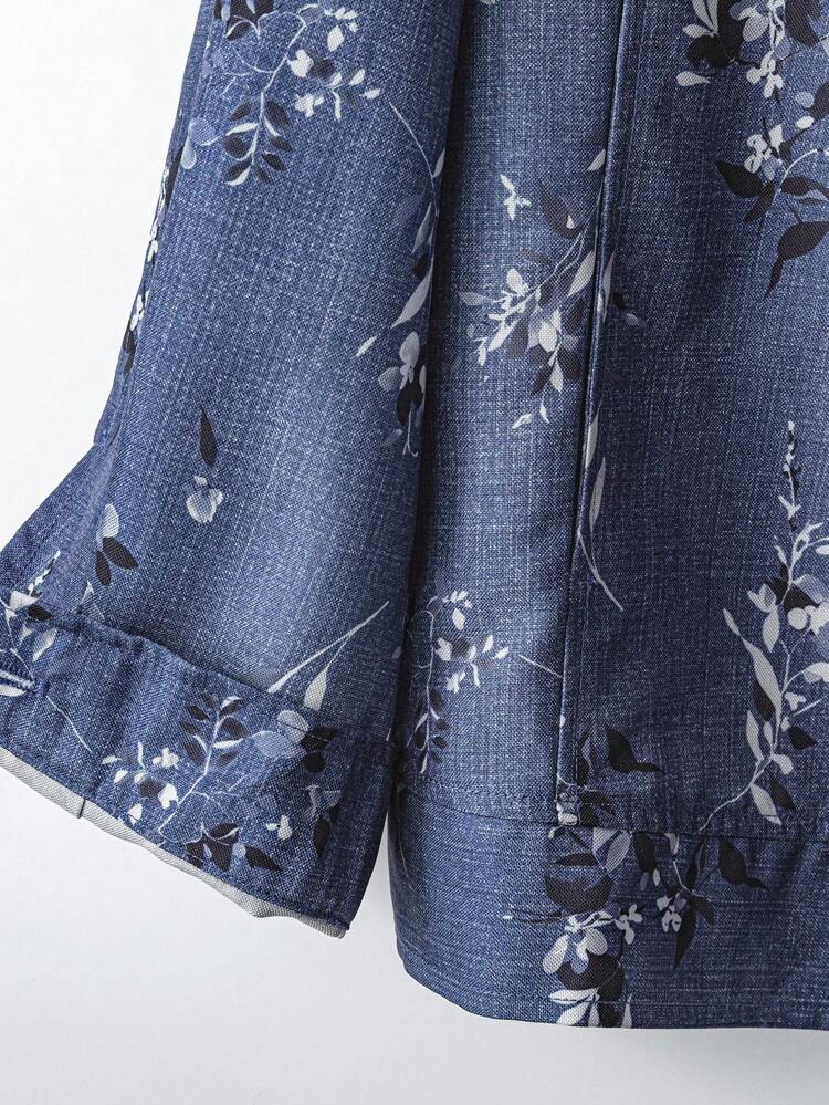 Veste longue à manches longues pour femmes grandes tailles, effet denim imprimé floral automnal. Automne/Hiver, simple et à la mode pour un port quotidien, sortie