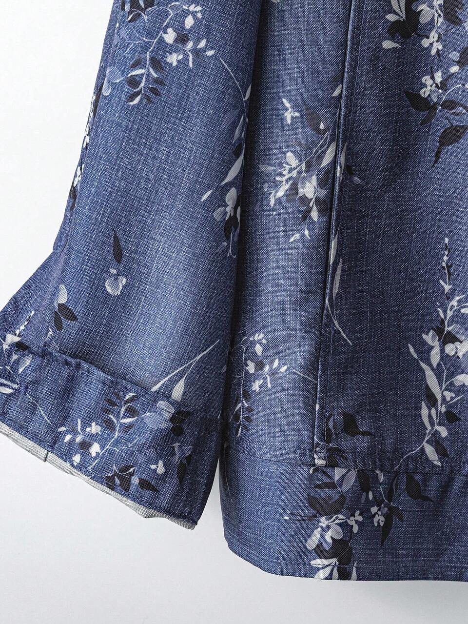 Plus Size Women Fall Floral Denim Effect Print Long Sleeve Jacket, Autumn/Winter,Fall,Simple And Fashionable For Everyday Wear,Going Out