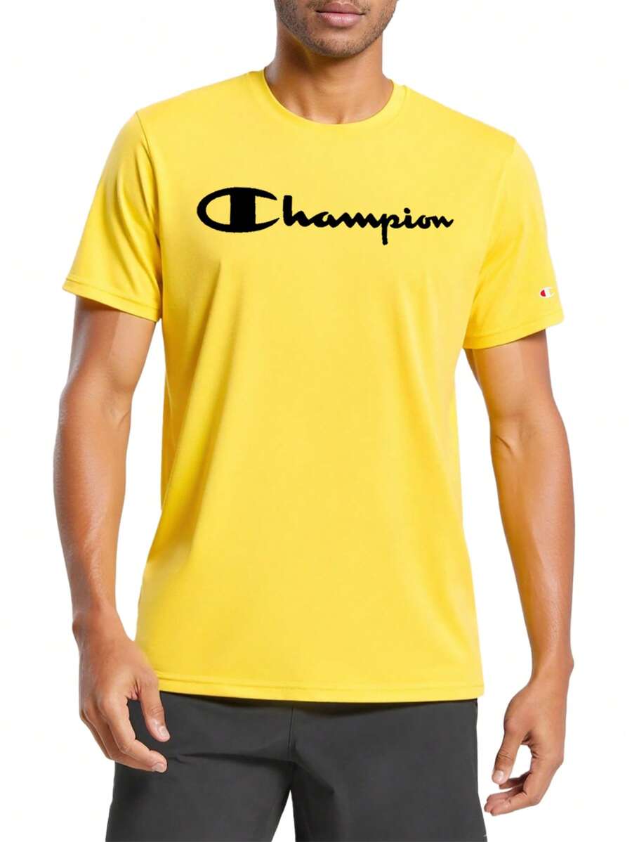 Champion 男士休闲字母印花短袖T恤，夏季 - 黃色 - 查看 1