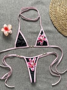 Swim Vcay 2 件套花卉印花细肩带露背超短比基尼上衣和丁字裤性感比基尼套装女式 - 彩色 - 查看 4