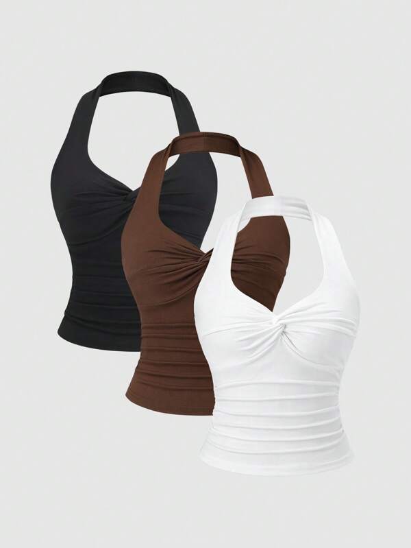 Sweetra Y2K sexy verdrehtes Trägershirt mit Chiffonplissee, vielseitig & minimalistisch