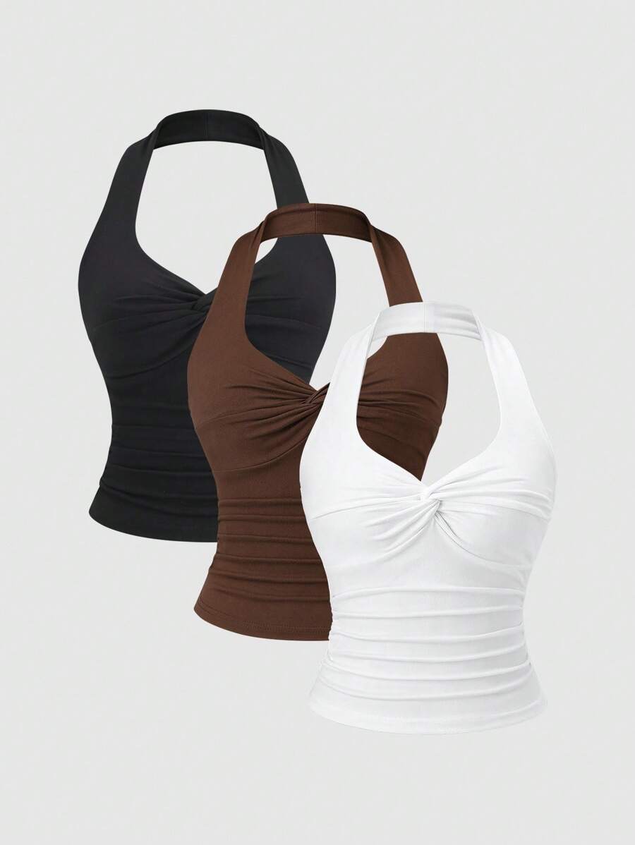 Sweetra Y2K 性感扭纹露背褶皱雪纺吊带背心，百搭简约 - 彩色 - 查看 1