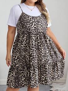SHEIN CURVE+ Curves 大码/学校服装/返校服装/返校大码女式可爱假日豹纹露背休闲宽松吊带连衣裙，猎豹印花连衣裙 - 彩色 - 查看 7