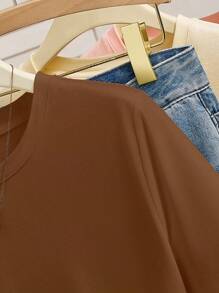 INAWLY Áo thun viền bèo nhún màu sắc đơn giản - Cà phê nâu - Xem 8