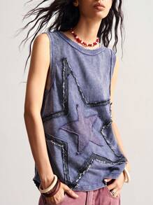 Bohemela 复古美式针织拼接五角星刺绣图案无袖宽松水洗上衣（女款）