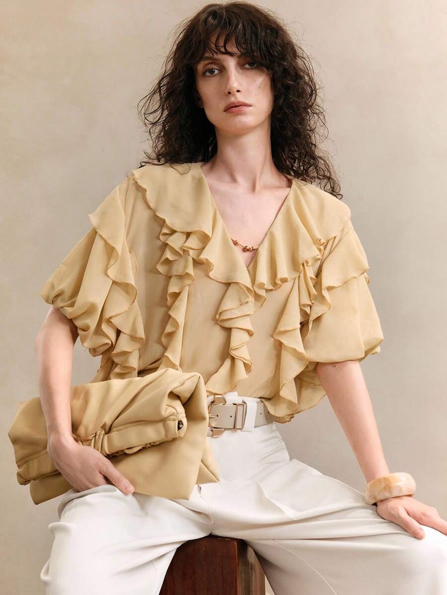 Arave Women's Romantic And Elegant Ruffled Tie Short-Sleeved Cream Yellow Blouse Vintage Chiffon Teacher For Women Teacher Country Concert Western Wear Women Teacher Blouse Fall Women Fall Women Fall Autumn - Yellow - View 1