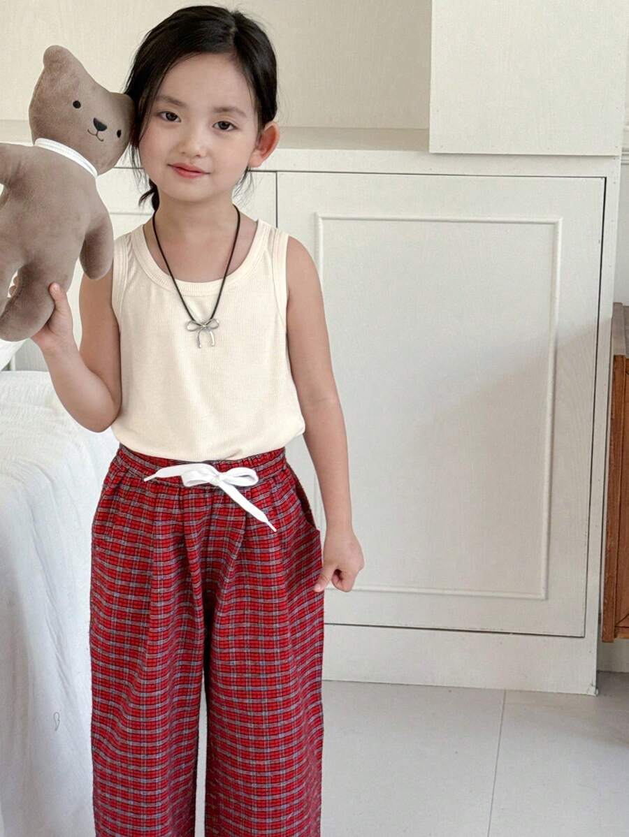 Dazy Kids 女童(小女孩)针织背心+梭织格子裤两件套,小女孩睡衣套装 - 米色 - 查看 1