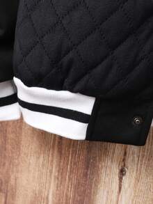 SHEIN Tween Boys Diamond Pattern Letter Embroidered Baseball Jacket Fall Winter - Black - View 4