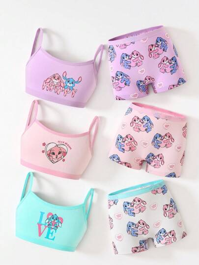 6pcs/Set Young Girl Cute Mischievous Bunny Print Organic Cotton Camisole And Briefs Underwear Set Girls Underwear Set  Backto SchoolFashion Fall Winter