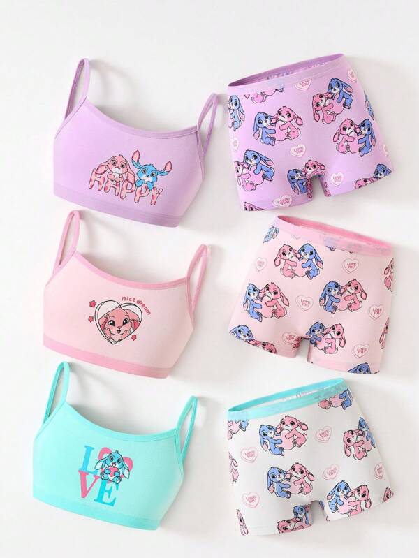 6pcs/Set Young Girl Cute Mischievous Bunny Print Organic Cotton Camisole And Briefs Underwear Set Girls Underwear Set  Backto SchoolFashion Fall Winter