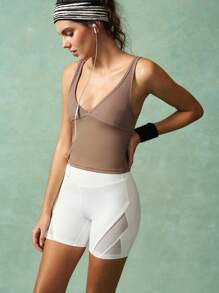 VARSITIE Workout Short Solid Color Mesh Patchwork Layered Waist Sports Shorts