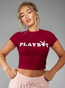Missguided x Playboy Camiseta de bebé de algodón suave estilo retro con estampado gráfico de logo para la temporada de moda y festivales Y2K, ropa de calle vintage clásica - Rojo - Ver 5