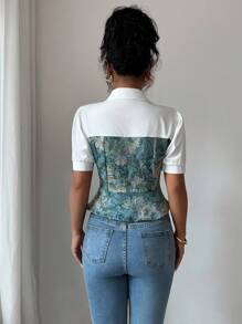 Elenzga Camisa con estampado floral de textura 2 en 1 para primavera/verano - Multicolor - Ver 2
