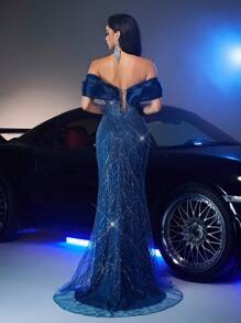 Glamrae 优雅奢华露肩串珠亮片组合欧根纱美人鱼礼服，适合婚礼、活动、派对、节日、宴会（重型设计） - 藍色 - 查看 3