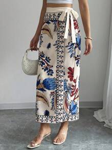 Elenzga Gonna lunga a portafoglio con stampa floreale e vita annodata, stile vacanziero di moda per le donne - Multicolore - Visualizzare 7