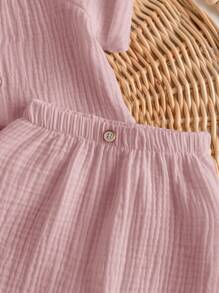 2 件套新生男婴休闲可爱粉色短袖衬衫和松紧腰短裤套装，夏季 - 粉色 - 查看 8