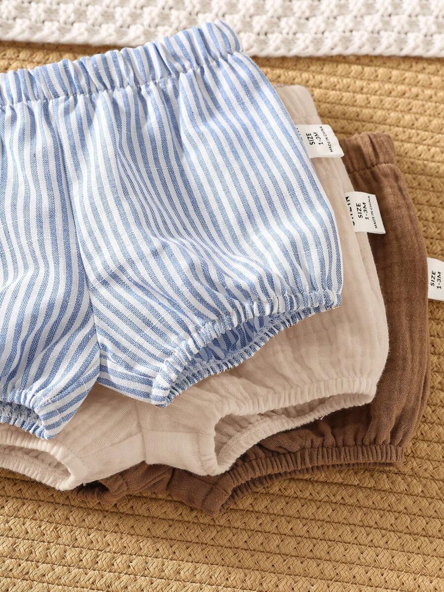 3 件套新生儿夏季休闲百搭条纹纯色松紧腰短裤、打底裤、内衣三件套，适合男婴和女婴