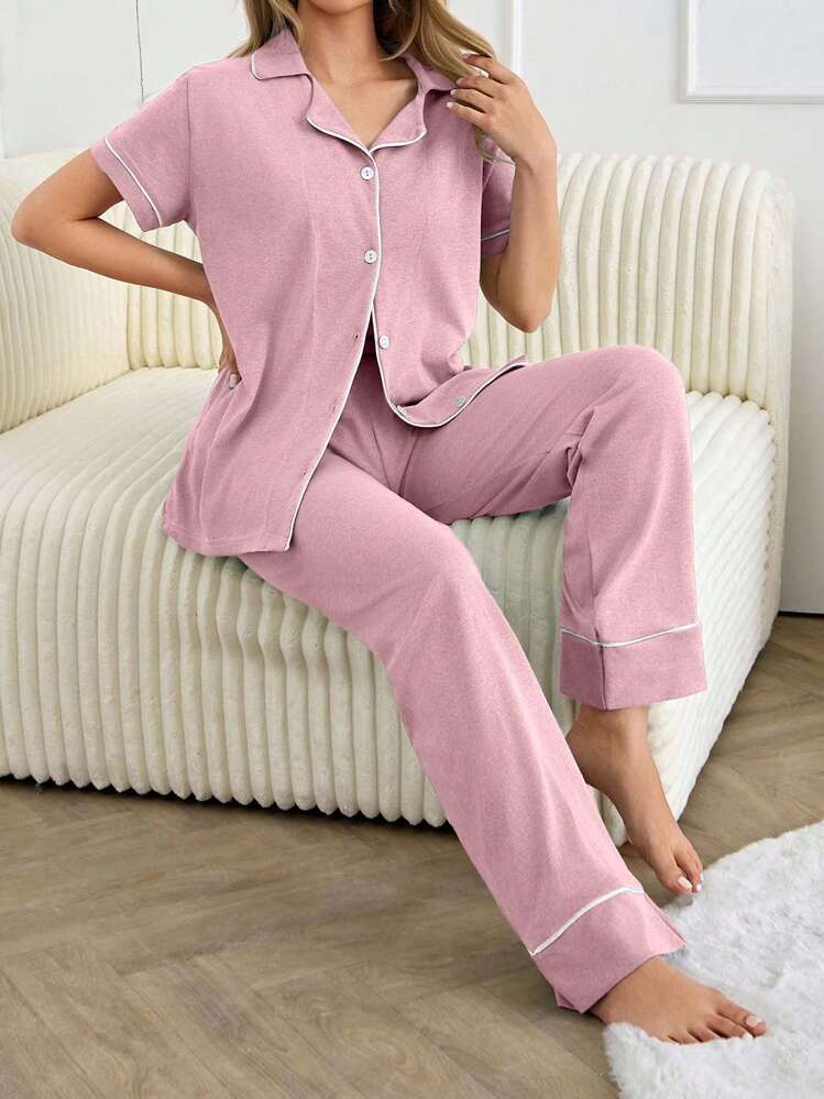 EURMUSE Women Binding Detail Short Sleeved & Long Bottom Homewear Pajama Set - Baby Pink - View 4
