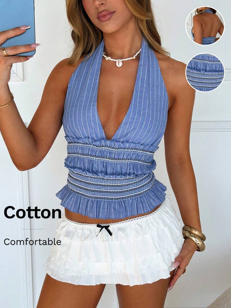 SHEIN EZwear 乡村音乐会外出上衣 蓝色条纹编织露背上衣 - 藍白色 - 查看 1