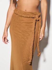 KIZN Flowy Maxi Skirt With Braided Belt Soft Mesh Resort Beachwear Summer Vacation Cover Up Side Draped Evening Party Long Floor Length - Brown - View 3