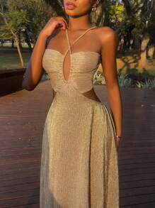 DAZY 女士度假风格细肩带露背婚纱女装 - 金色 - 查看 1