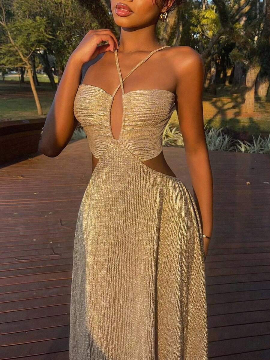 DAZY 女士度假风格细肩带露背婚纱女装 - 金色 - 查看 1