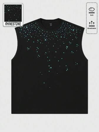 Street Life Fashion Rhinestone Casual Loose Fit Men Tank Tops, For Summer Daily Wear
