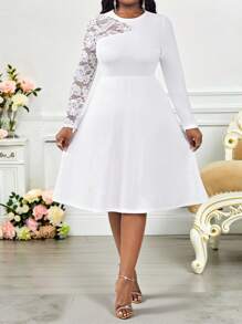 SHEIN Lady 2025 New Clothing Plus Size Women's Elegant Party Solid Color Lace Patchwork Midi Dress Easter Dress Women Graduation Dress Wedding Guest Dress Women Vacation Boho Cruise Outfits Women,Formal Dresses For Women Fall Women Clothes Back To School White Lace Dress Plus Size White Dress White Dress For Wedding Elegant White Dress Long Sleeve White Dress