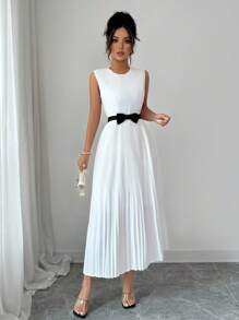 Elenzga 修腰法式优雅淑女连衣裙，复古奢华重褶白色和黑色蝴蝶结，鸡尾酒会通勤百搭 A 字连衣裙 - 白色 - 查看 7