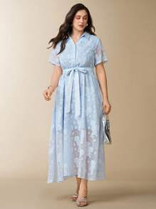 Flouryn 大码女式 Polo 领短袖雪纺连衣裙，新款时尚提花宽松 A 字裙 - 藍色 - 查看 4