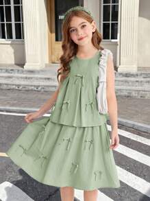 SHEIN Tween Girl Casual Solid Color Round Neck Sleeveless Top & Mini Skirt 2Pcs Set - Mint Green - View 1