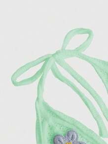 ROMWE Áo ba lỗ cổ yếm thêu hoa dễ thương, phong cách kỳ nghỉ - Màu xanh Bạc hà - Xem 3