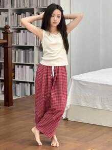 Dazy Kids 2 件套女童针织背心和梭织格子裤套装，秋季服装 - 米色 - 查看 4