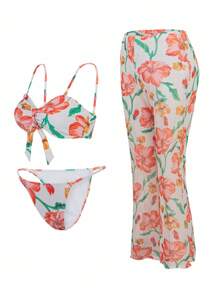 Swim Oasis 女士三件套高级印花比基尼泳装沙滩装套装 - 彩色 - 查看 5