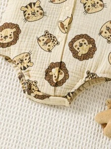 SHEIN 新生儿夏季新款婴儿宝宝纯棉可爱狮子卡通印花连体衣婴儿衣服套装 - 卡其色 - 查看 7