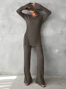 EURMUSE Cotton Solid Split Hem Tee & Flare Leg Pants - Mocha Brown - View 4